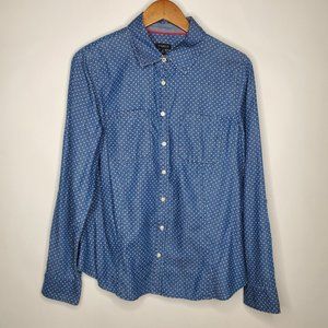 Talbots Womens Denim Polka Dot Button Front Blouse Size 12 Blue Pockets Collared